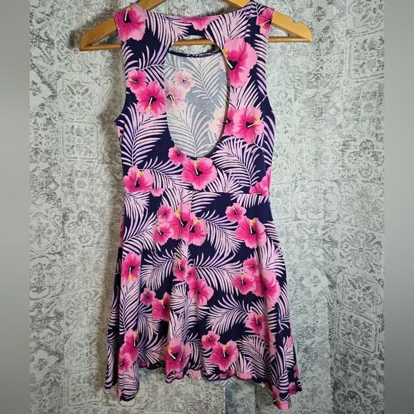 Victoria's Secret Pink Floral Palm Leaf Open Back A-Line Mini Skater Dress small - Picture 2 of 9